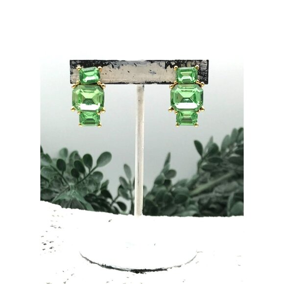 Emerald Cut Green Gemstone Stud Earrings With Gold Plated Setting - Picture 3 of 5